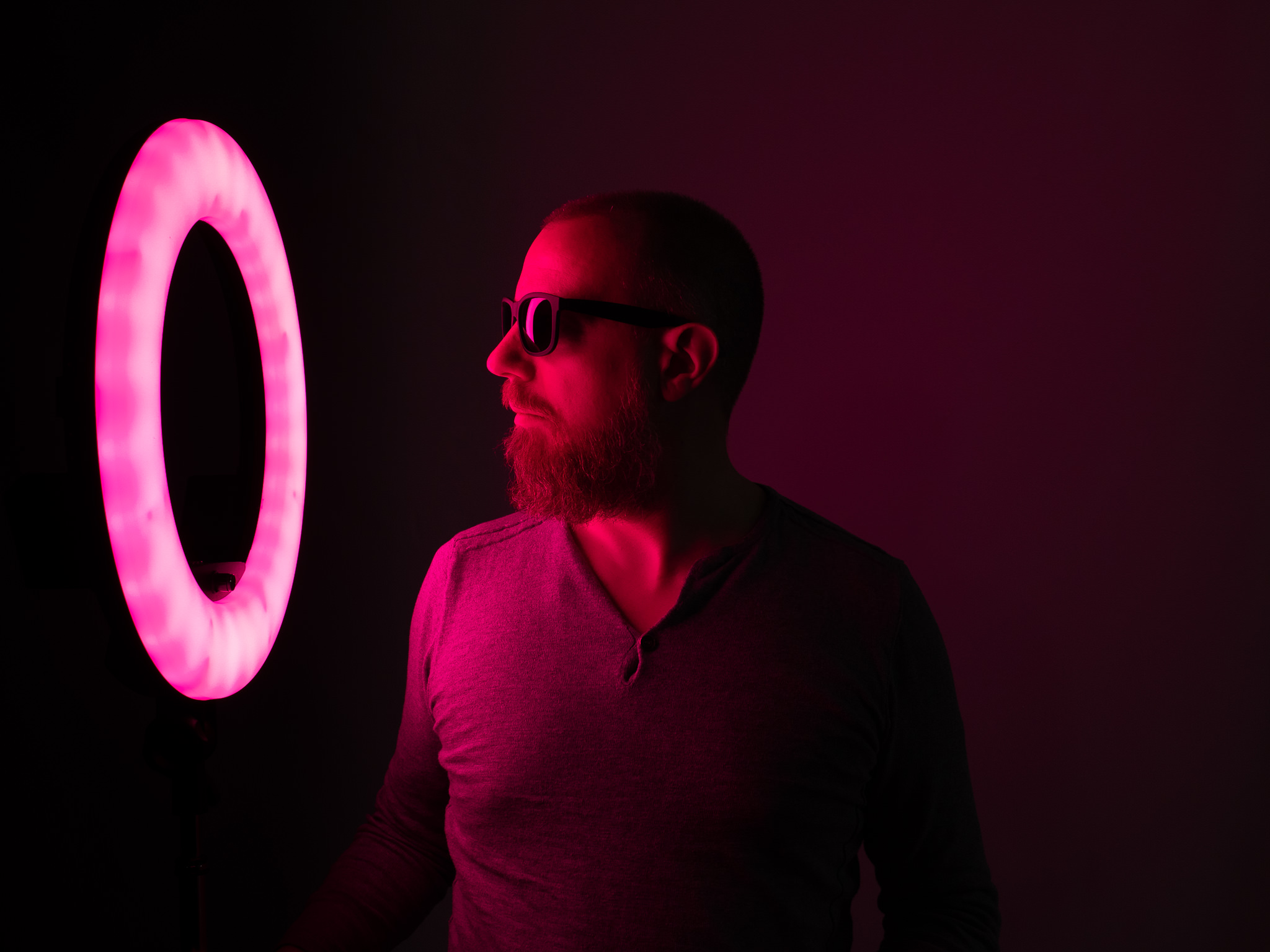 Photo taken with Prismatic Spectra RGB Rainbow LED Ring Light in red / magenta colors