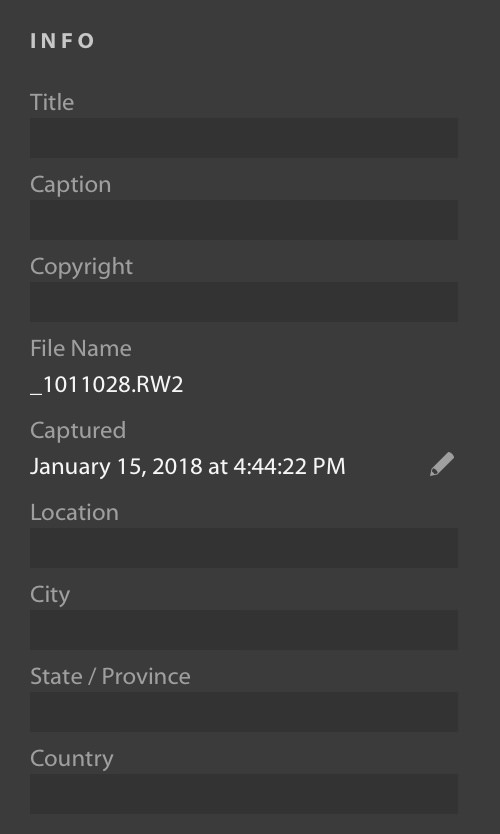The info panel in Lightroom CC lets you add metadata, and even change the time stamp, but you can NOT change the file name