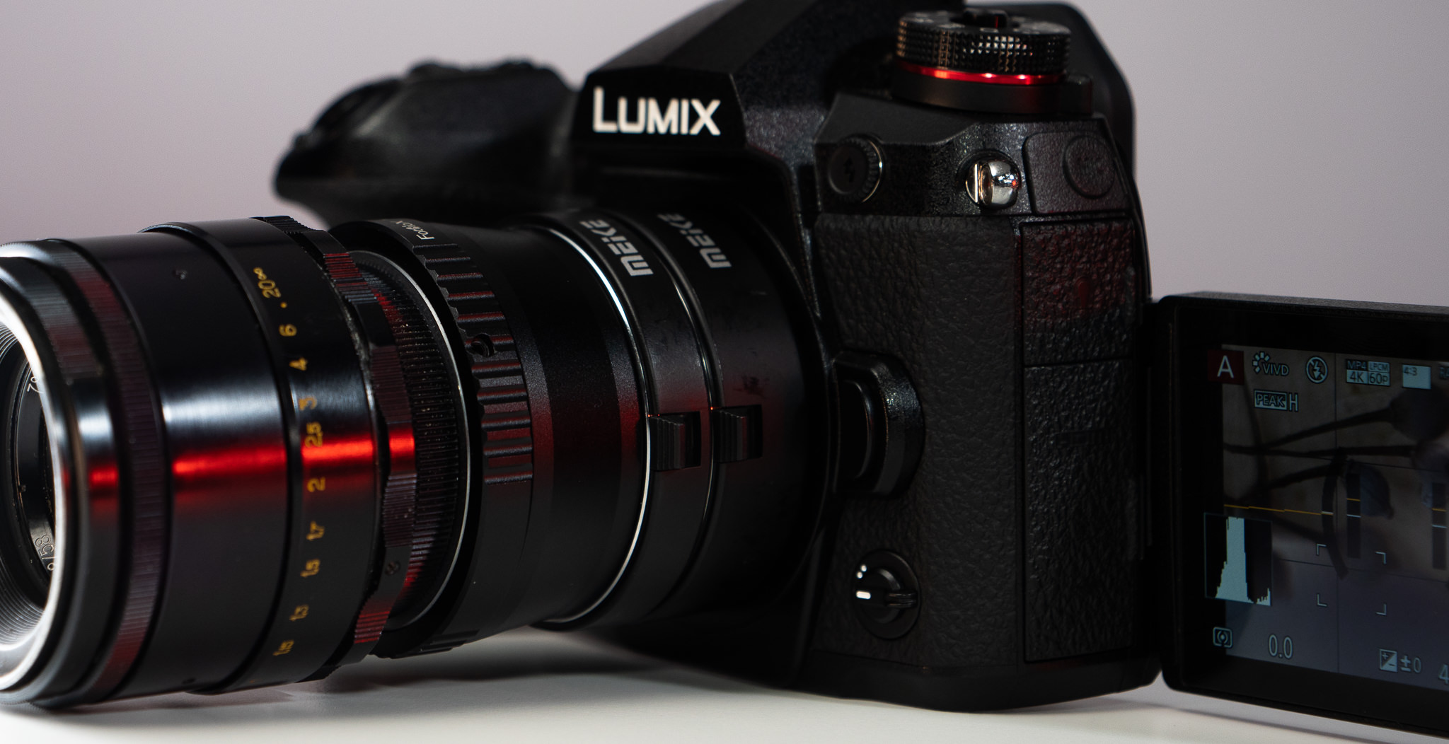 LUMIX G9 with Helios lens and MEIKE macro extension tubes