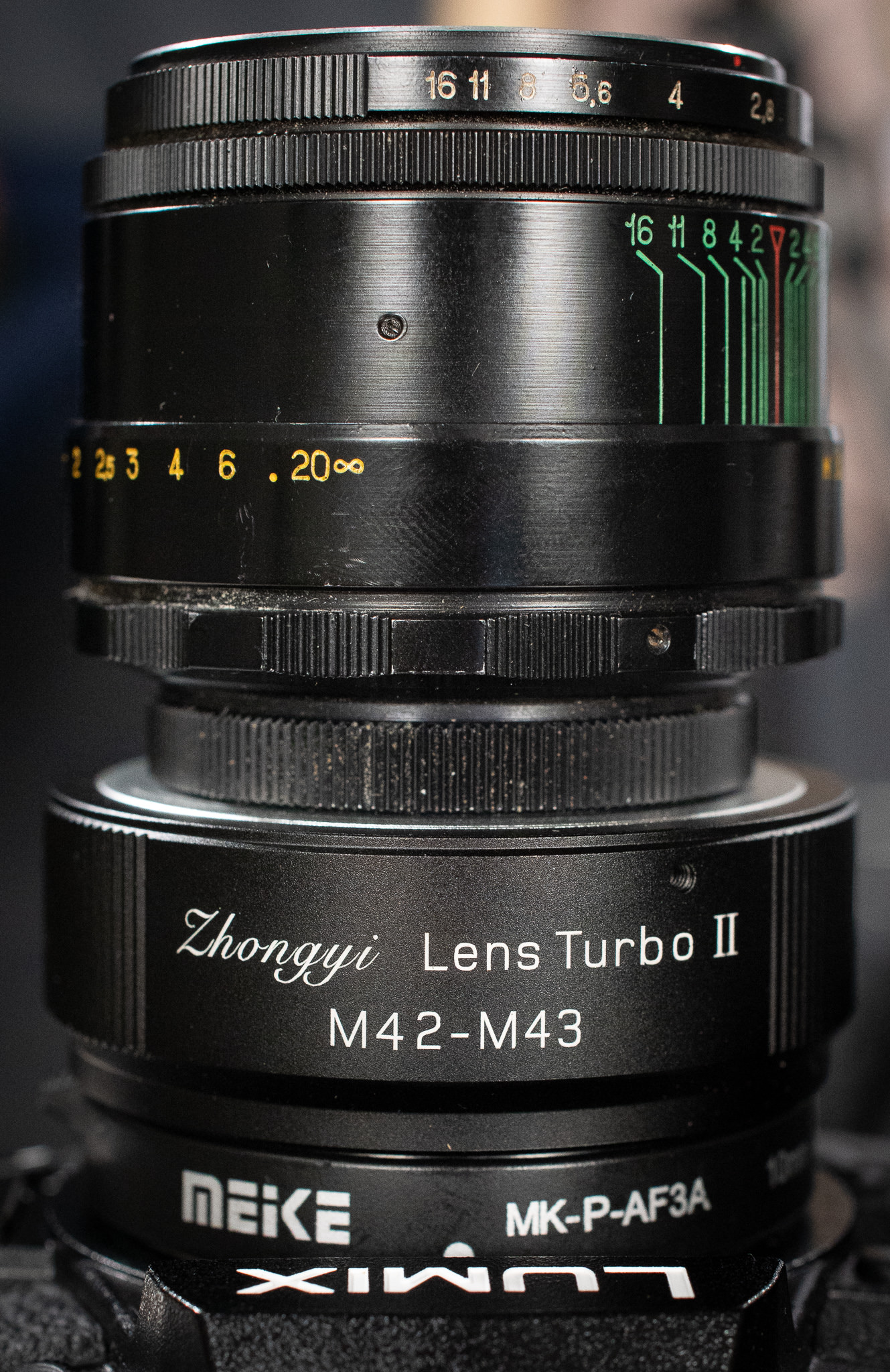 The Russian Helios 44-2 2/58 and Zhongyi M42 to M43 adapter and the Meike macro extension tubes on a LUMIX G9