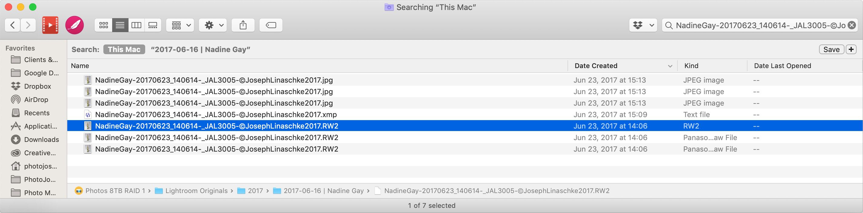 Finder showing search results