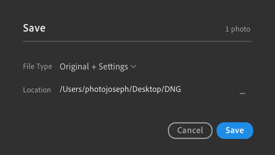 Export a RAW image from Lightroom to a folder on the Desktop
