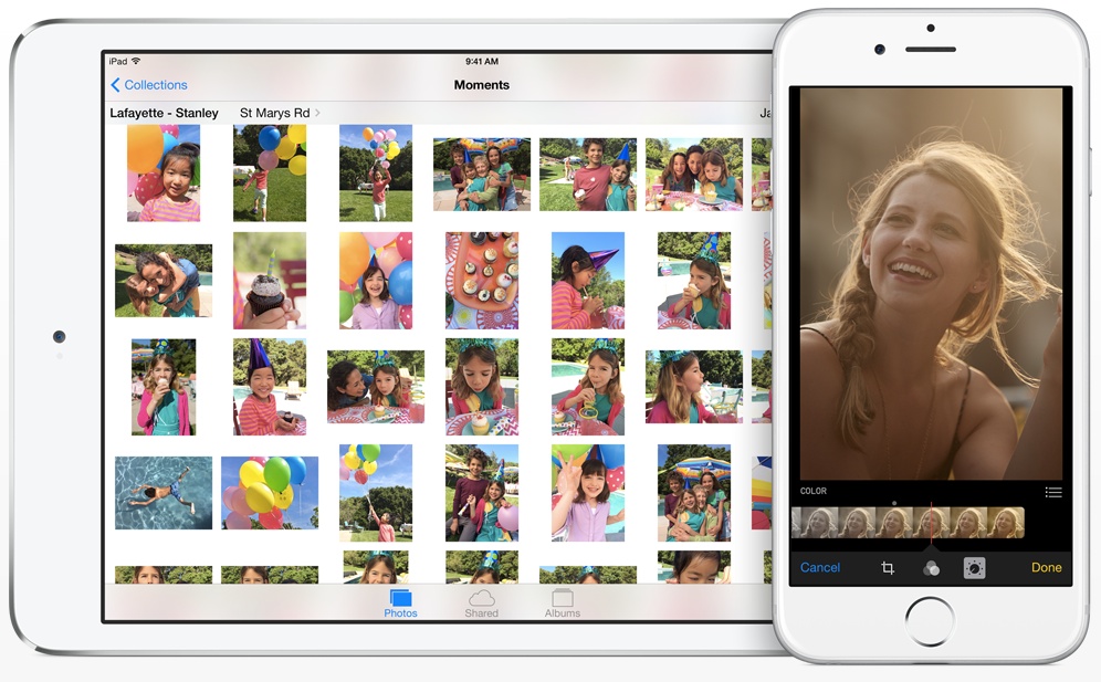 View of "Photos" app within iOS 8, which displays photos from all iOS devices together.