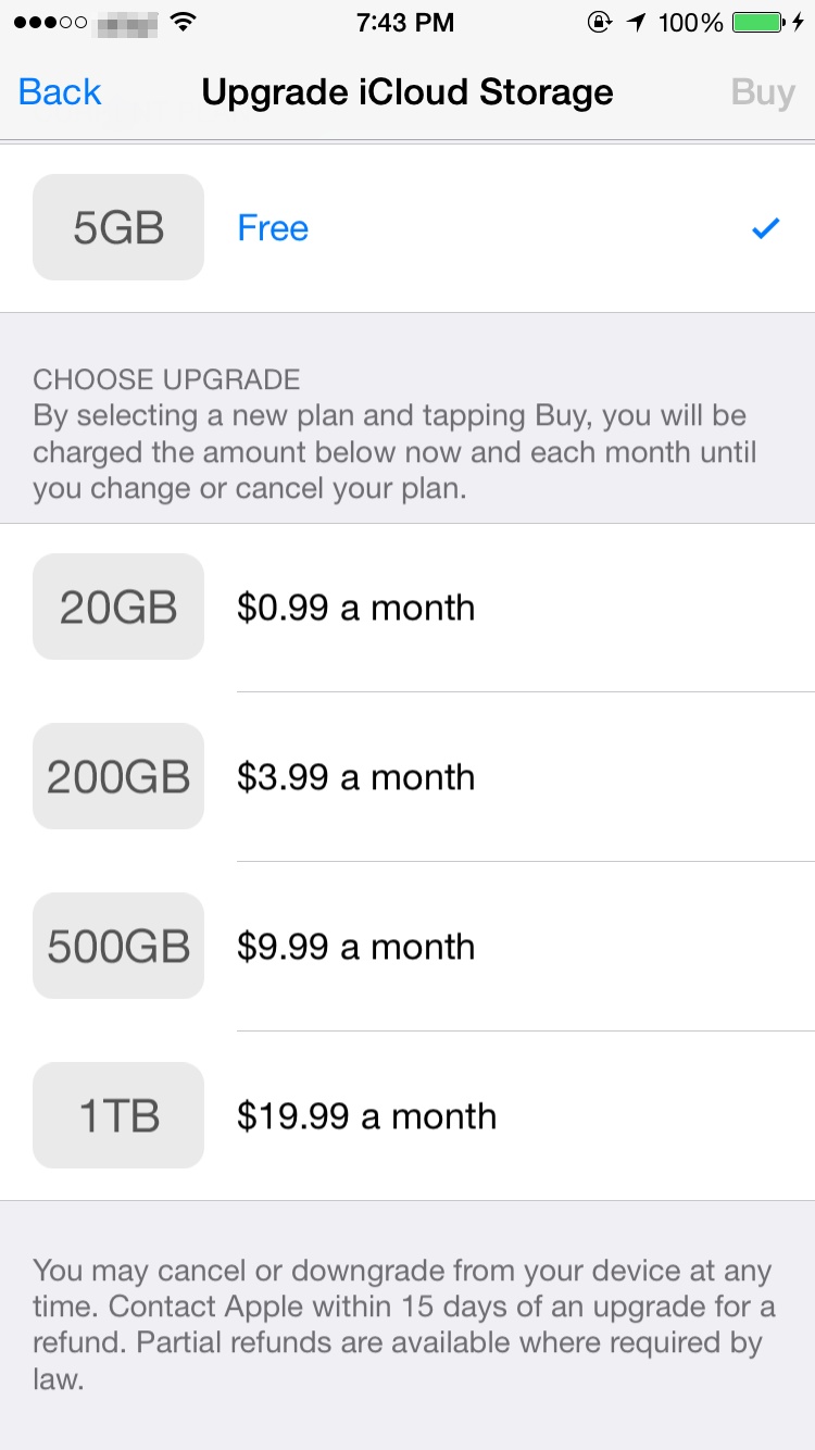 Listing of free & paid iCloud storage options from within iOS 8, which will include cloud storage for photographs. 