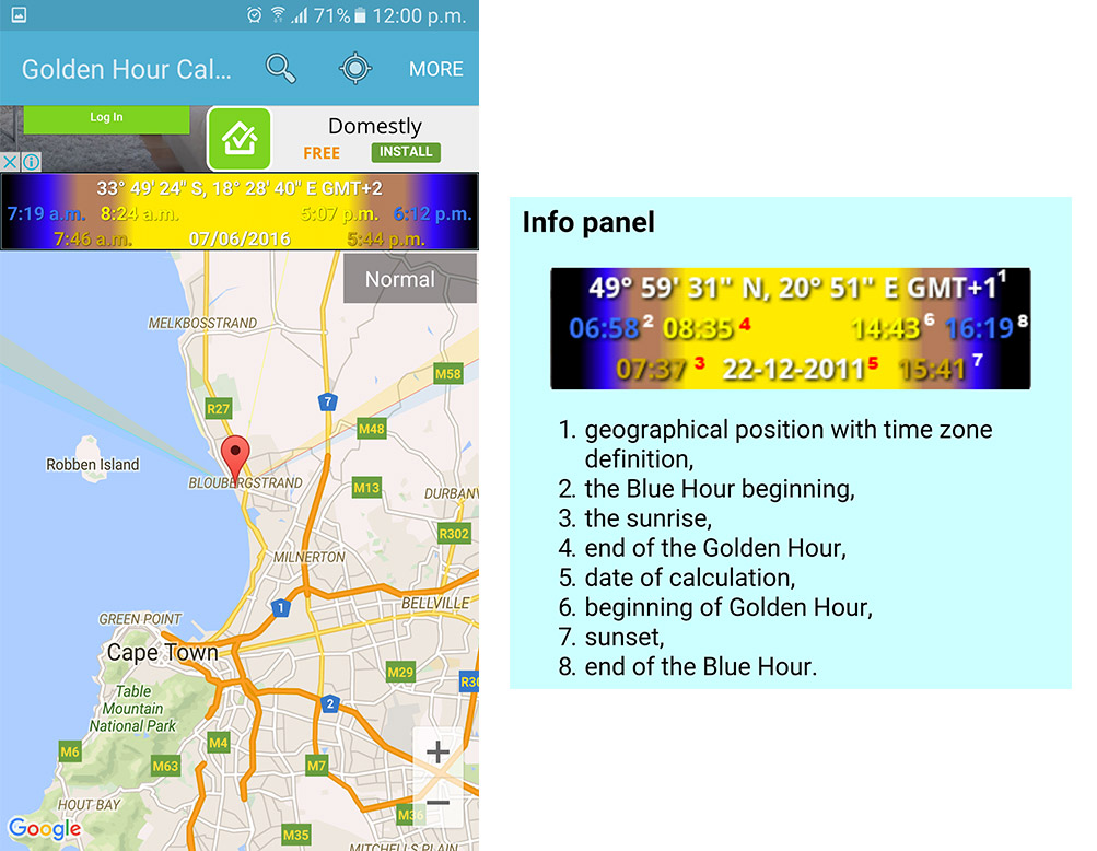 Golden Hour Calculator for Android interface and info panel layout