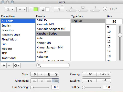 The Mac OS X system fonts window open in Aperture 3